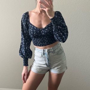 Finders Keepers puff long sleeve peasant navy and white floral crop top